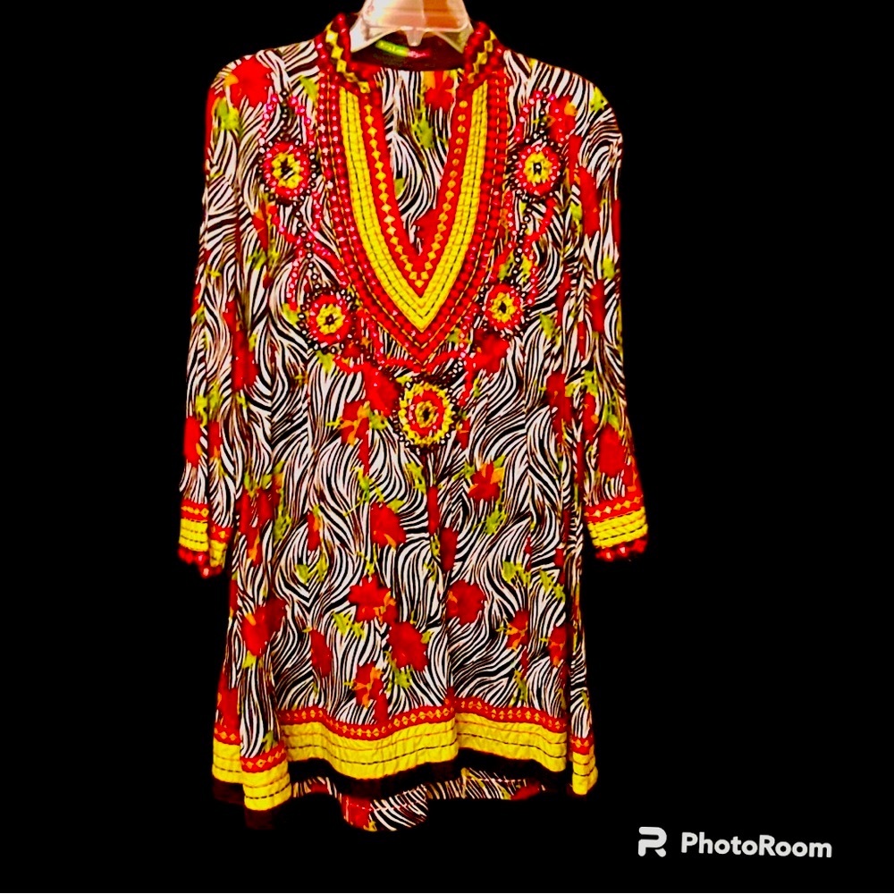 KEY LIME & PINK Colorful Cover Up Tunic 100% Cotton Large Made in Pakistan